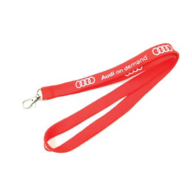 A red tubular lanyard featuring a clip and a logo, designed for exhibitions and events.