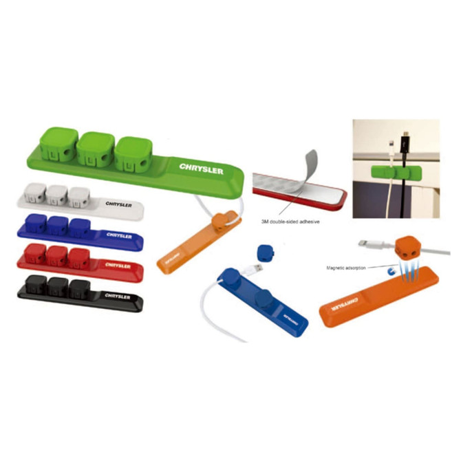 A cable organiser set in various colours including green, blue, orange, black, and red, featuring magnetic and adhesive elements.