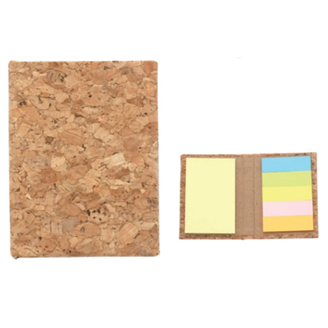 A cork notepad with a textured cork cover and a small set of colourful sticky notes. It has a logo on the front.