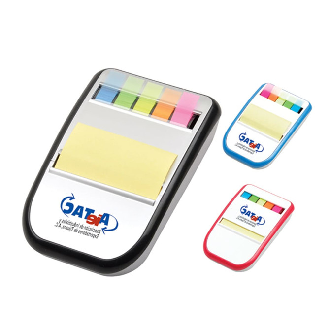 A set of memo holders in black, red, and blue featuring various sticky note colours and a built-in holder for notes.