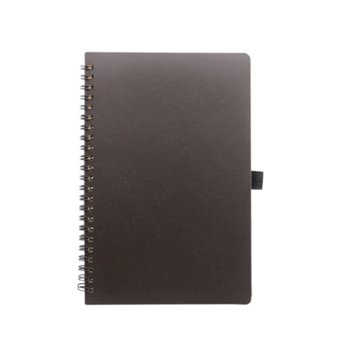 A5 recycled notebook in dark brown, featuring spiral binding and an elastic band closure. Includes branding.