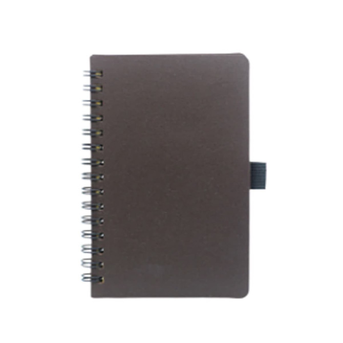 A6 notebook made from recycled coffee grounds with a brown cover and spiral binding. It features an elastic closure.