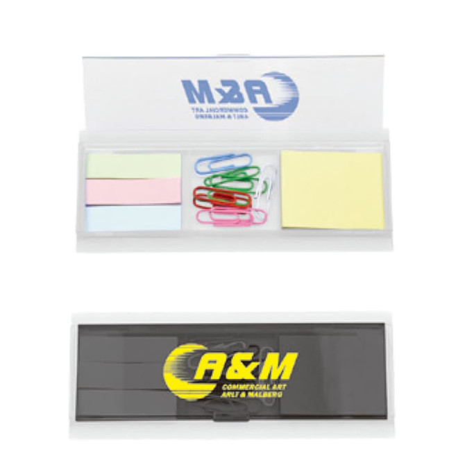 A set of sticky notes in pastel shades and paper clips housed in a plastic case with a branding logo.