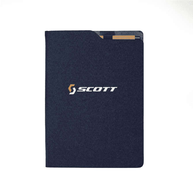 A navy blue notebook with a subtle texture and a logo on the front cover. It has a pocket for cards or notes.