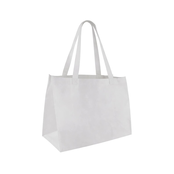 A medium non-woven tote bag in white with two sturdy handles and a branded logo.