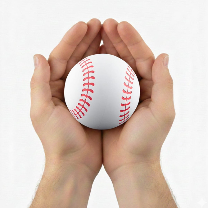 A white baseball with red stitching held between two hands. The hands are open, supporting the ball gently.