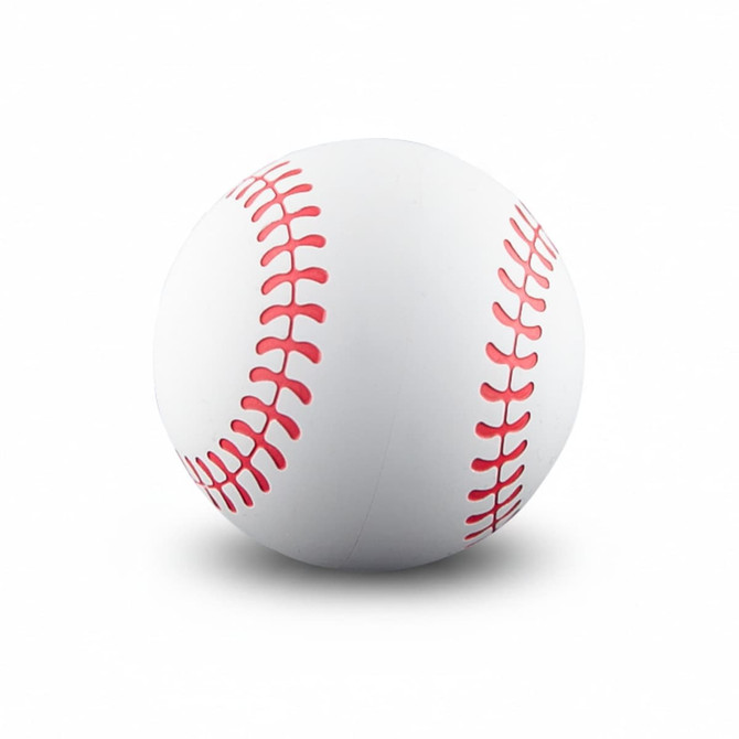 A high bounce baseball in white with red stitching, featuring a logo.