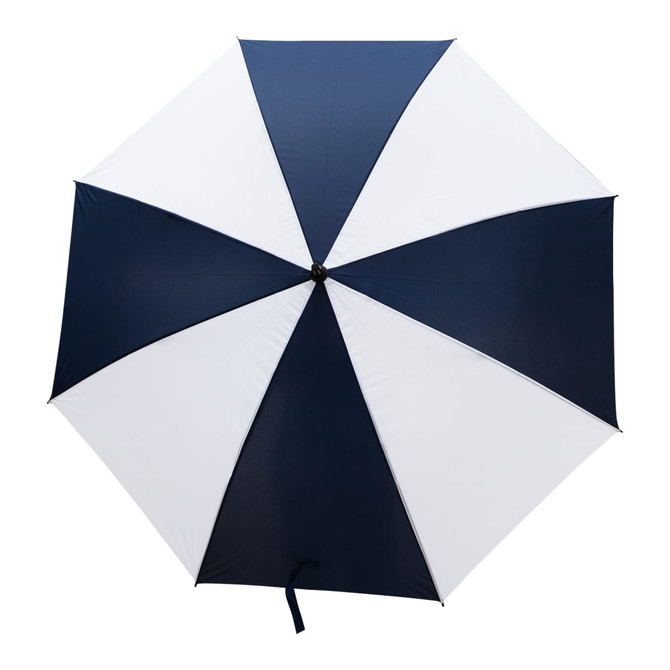 A navy and white striped umbrella with a centre handle and a sleek design. The umbrella features a branding logo.