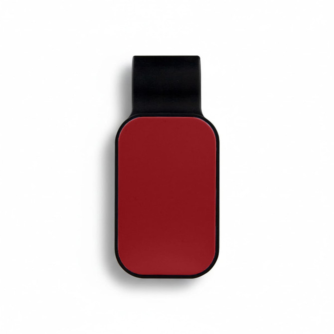 A car visor sunglass holder in red with a black mount. Features a smooth surface and a simple design, includes branding.