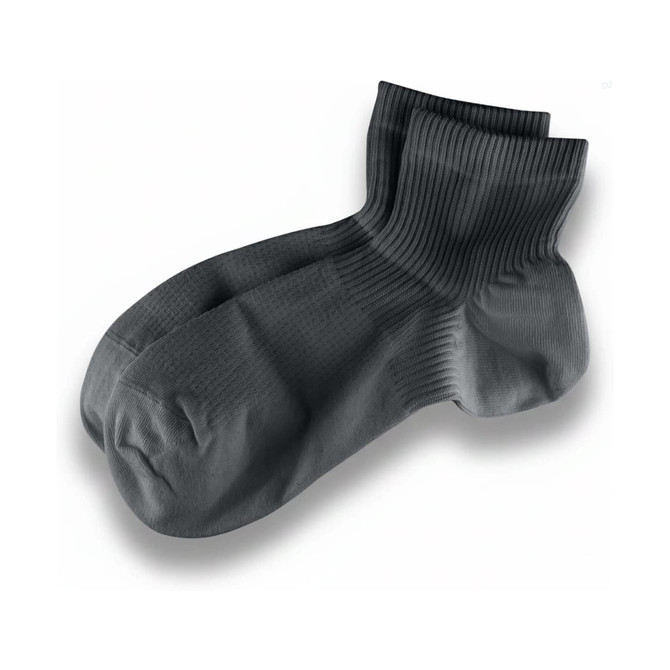 A pair of grey fitness socks with a ribbed design, featuring a logo.
