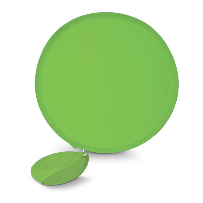 A green circular fan with a matching pouch is displayed. The fan is folded and attached to the pouch for easy storage.