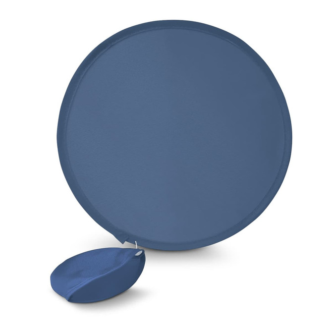 A portable fan in a circular design, paired with a small pouch for easy storage.