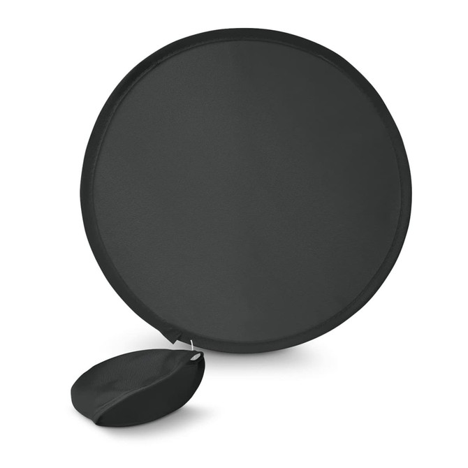 A portable fan with a circular design, accompanied by a matching pouch for easy storage and transportation.