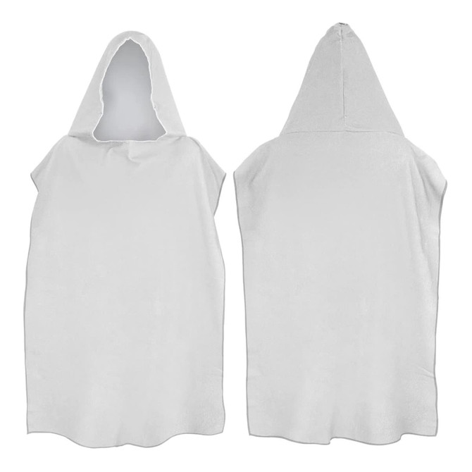 A white adult hooded towel featuring a hood and open sides, shown from the front and back. The towel has a logo.