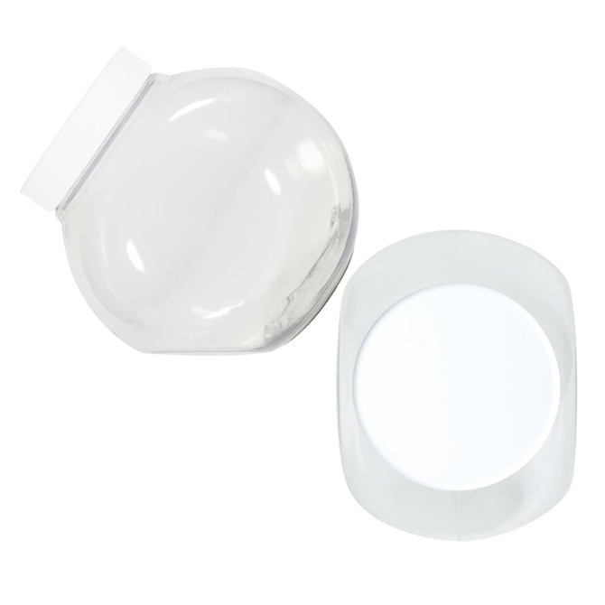 A clear plastic container with a round base and a fitted lid, featuring a smooth surface and glossy finish.