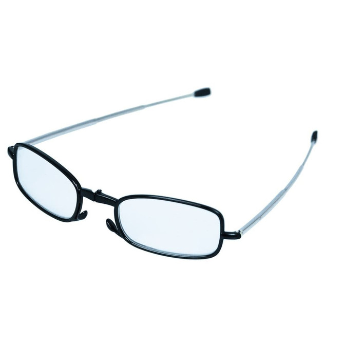 Folding reading glasses with a black frame and transparent arms, featuring a logo on the frame.