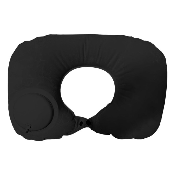 A black inflatable neck pillow with a wide opening in the centre and a circular valve on one side.