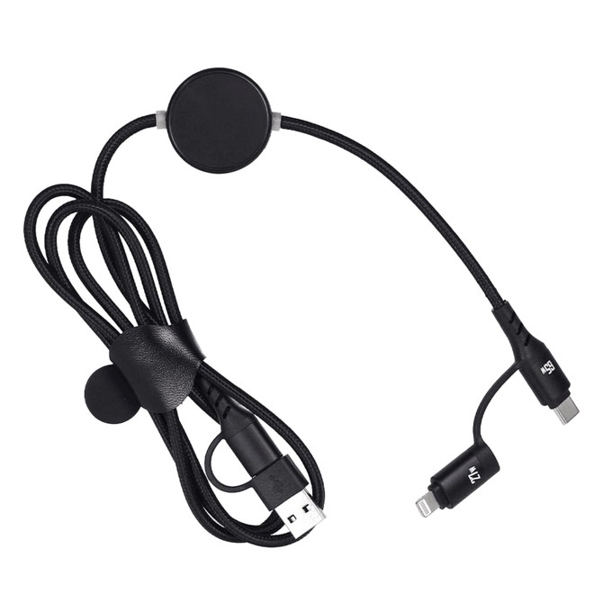 A black fast charging data cable with a circular magnetic holder and dual connectors. It features a sleek, organised design.