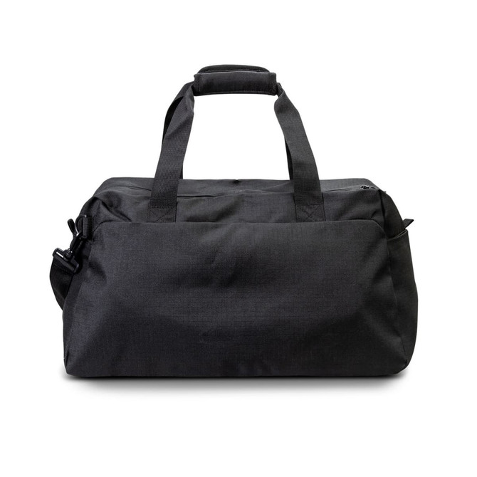 A black recycled duffle bag featuring sturdy handles and a zipper closure, with a logo on the side.