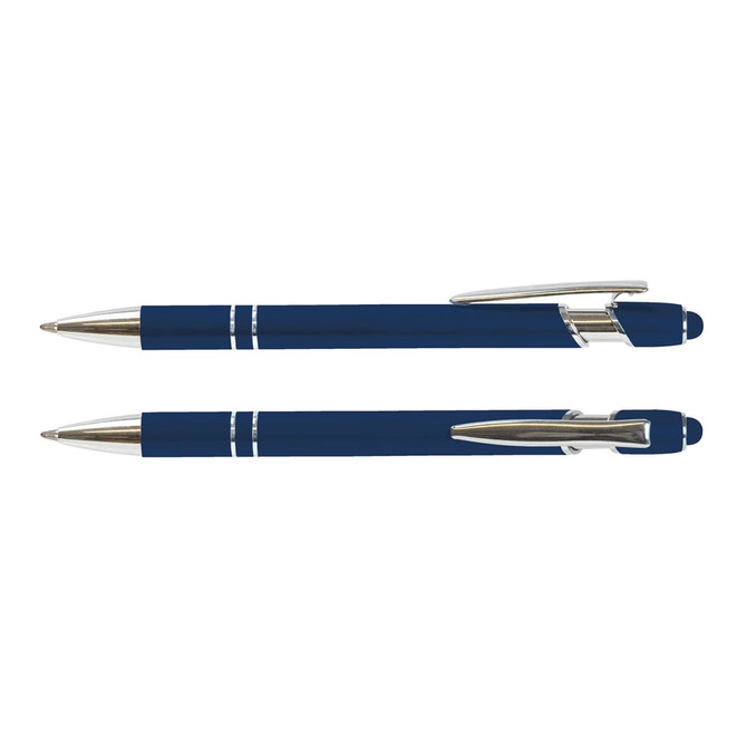 A pair of navy blue stylus pens with silver accents, featuring a cap and a click mechanism.