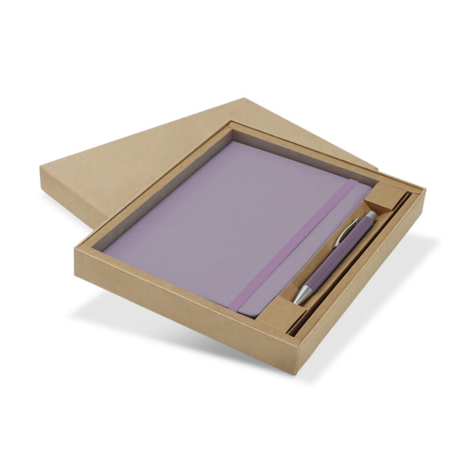 A purple notebook and pen set packaged in a brown box, featuring a simple design and a logo.