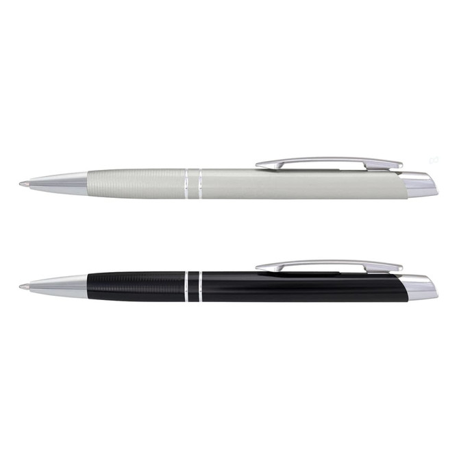 A pen set featuring a sleek, silver pen and a classic black pen, both with silver accents and clips.