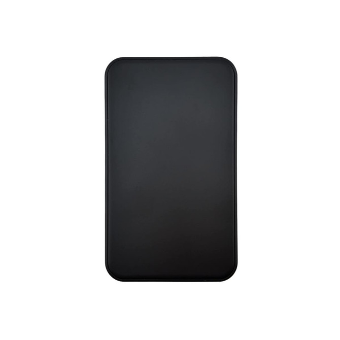 A black solid state power bank with a smooth surface and rounded edges, featuring a logo.