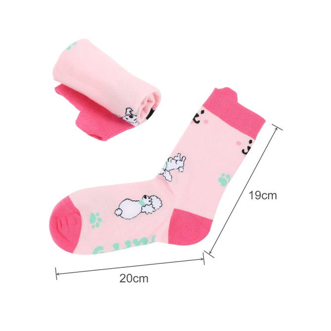 A pair of pink crew socks featuring playful dog designs, rolled up with a logo visible.