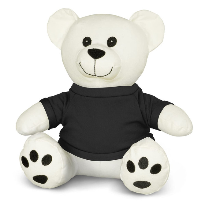 A white plush bear toy wearing a black shirt, featuring black facial details and paw prints. It has a friendly expression.