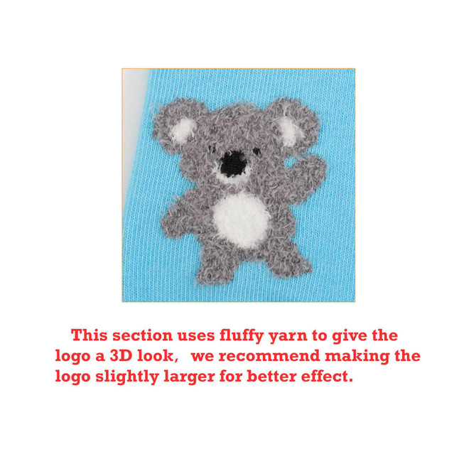 A pair of blue socks features a fluffy grey koala design on one side with a white belly. The socks have a logo.