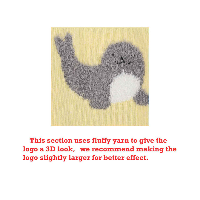A pair of socks featuring a grey seal design on a yellow background, with a fluffy texture and a logo.