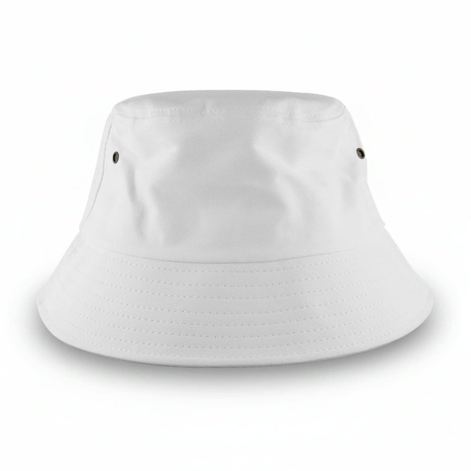 A large white bucket hat featuring eyelets and a wide brim. It includes a logo on the side.