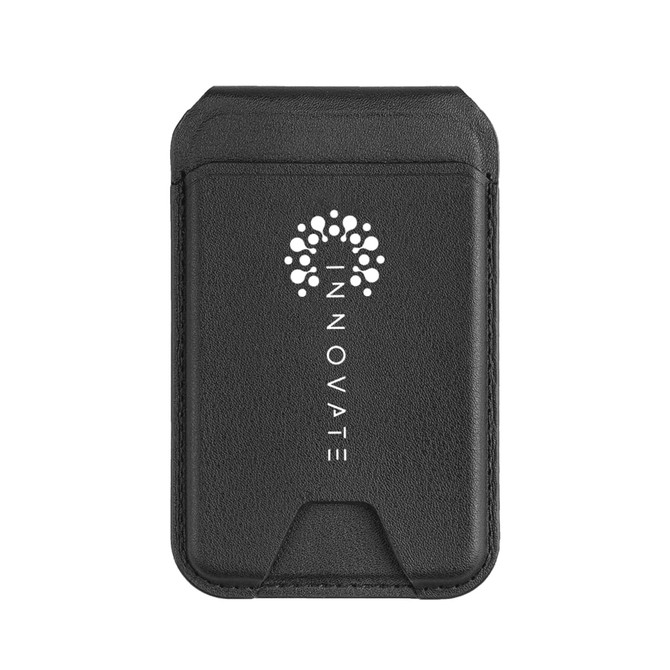 A black magnetic wallet with a phone stand, featuring a logo on the front.
