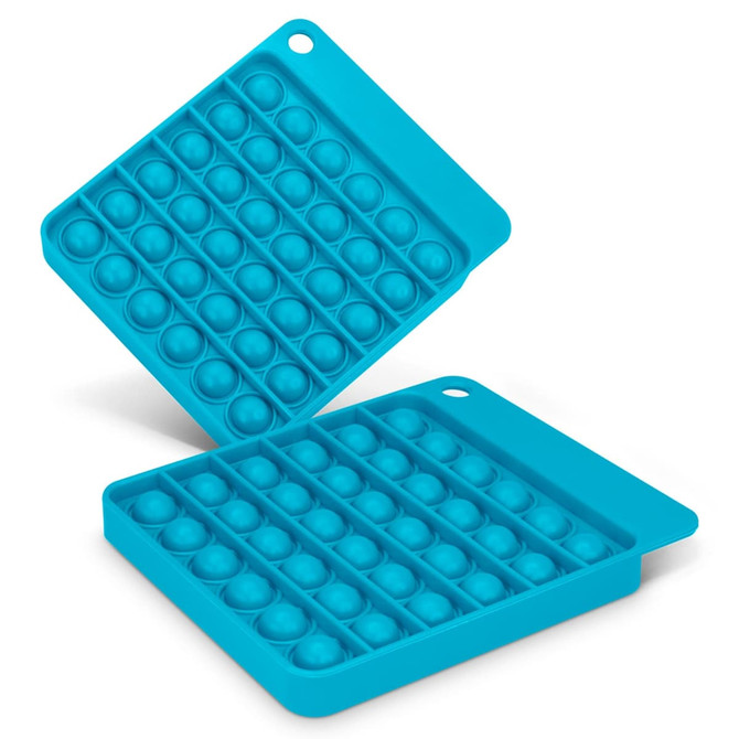 A teal silicone Pop Bubble Board with multiple popping bubbles on a square design, featuring a handle for easy grip.
