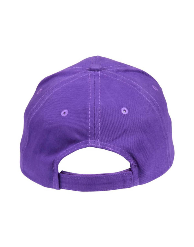 A purple heavy brushed cotton cap with a rear opening and a logo on the back.