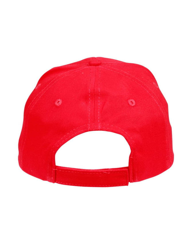 A red heavy brushed cotton cap featuring a strapback design and a logo on the back.