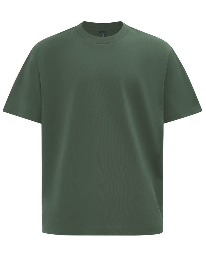 An oversized unisex tee in a deep green colour, featuring a simple, minimalist design with a logo.