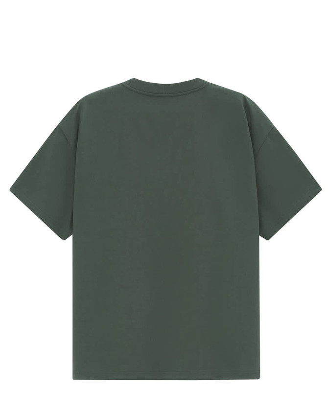 A unisex oversized tee in a dark green colour, featuring a plain design and a logo on the back.