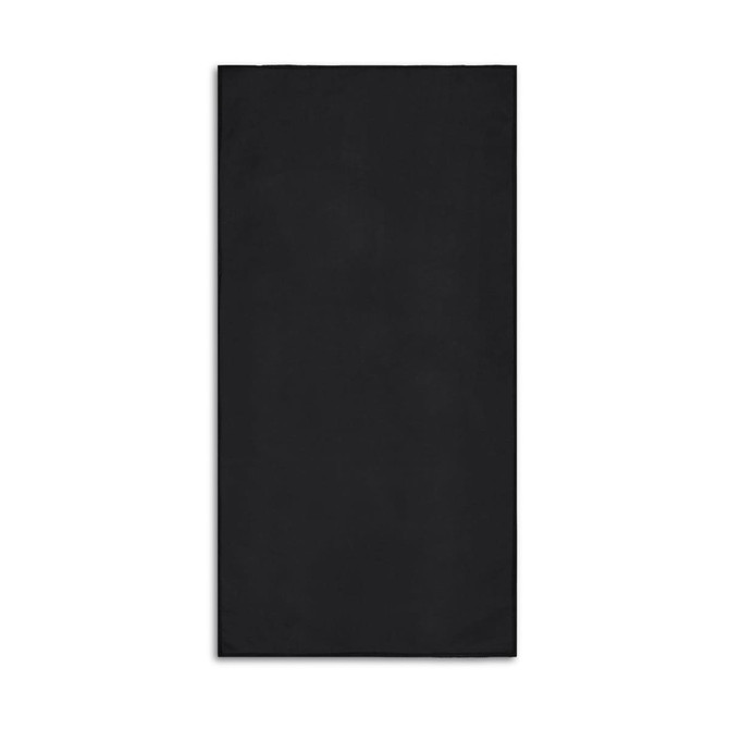 A black sports towel with a smooth texture and a logo, designed for promotional use.