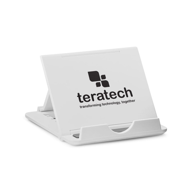 A white phone stand with a logo, featuring a foldable design and a slot for device placement.