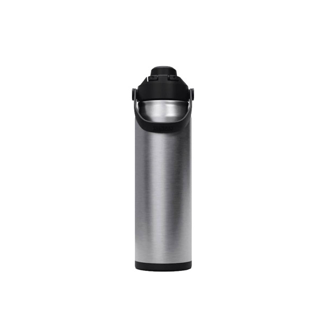A drink bottle in a sleek silver and black design, featuring a secure lid and a carry handle.