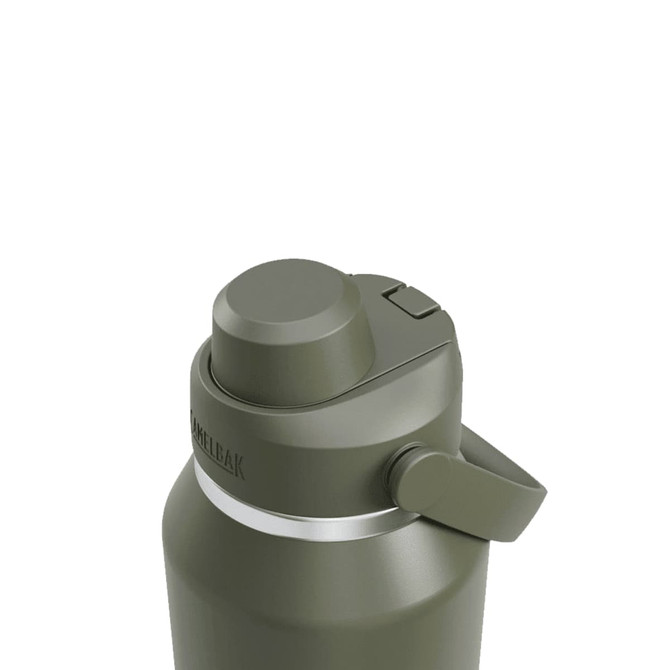A drink bottle in olive green with a grey band and a secure flip-top lid, featuring a logo on the side.