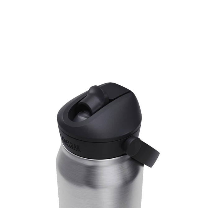 A drink bottle with a stainless steel body and a black flip straw lid, featuring an attached handle.