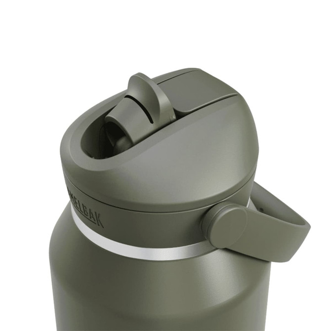 A drink bottle in olive green with a flip straw and a handle, featuring a circular cap and a visible logo.