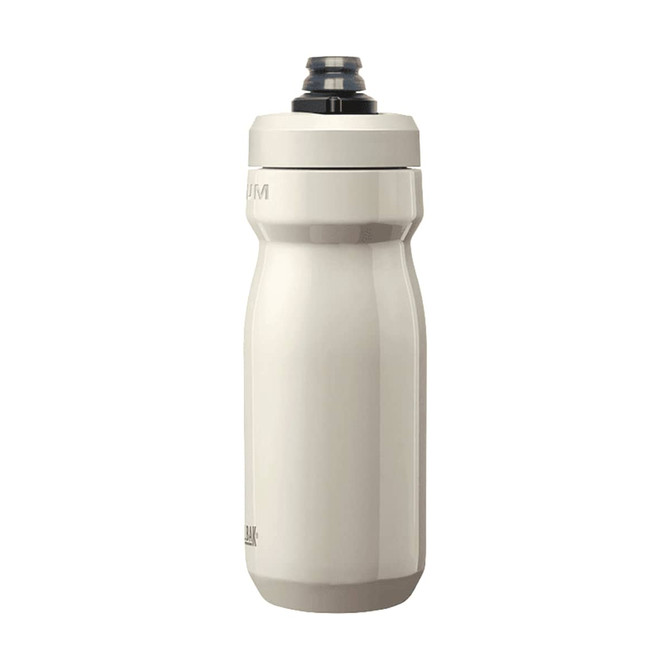 A drink bottle in a matte light grey finish with a black lid, featuring a logo on the side.