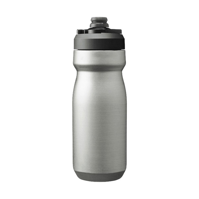 A drink bottle in stainless steel with a black top, featuring a branded logo and an insulated design.