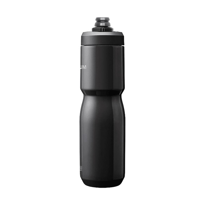 A drink bottle in black, featuring a sleek design and a logo. It has an insulated steel build and a 0.65L capacity.
