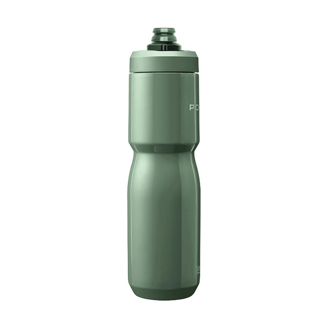 A drink bottle in a sleek, matte green finish with a branding logo on the side.