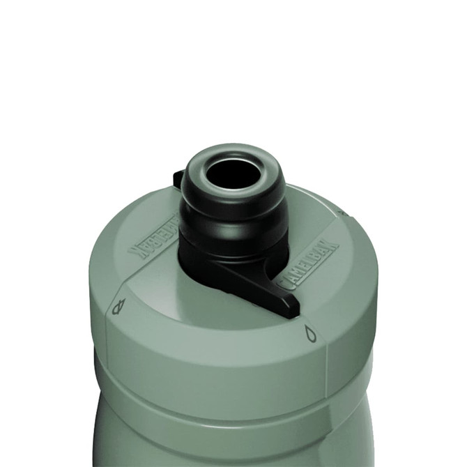 A drink bottle in muted green with a black top and a features an attached spout. It has a logo.
