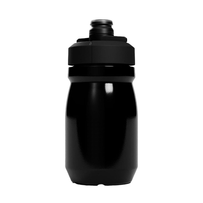 A drink bottle in black, featuring a screw-on top and a built-in spout. It has a sleek design and a logo.